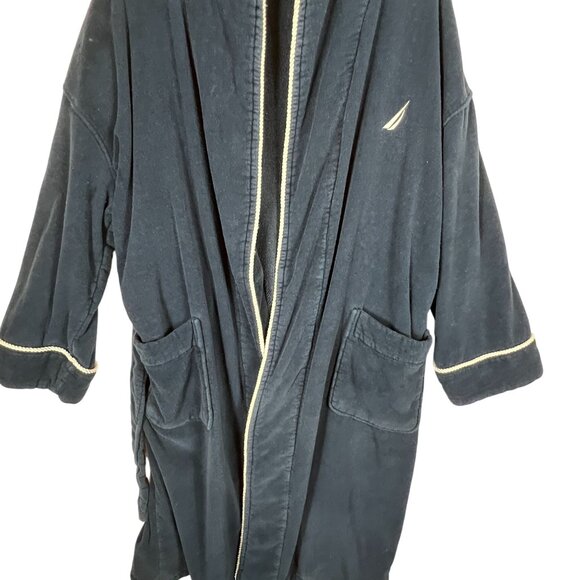 Nautica Mens Navy Blue Cotton Bathrobe With Piping Two Pockets & Adjustable Belt - Picture 7 of 11